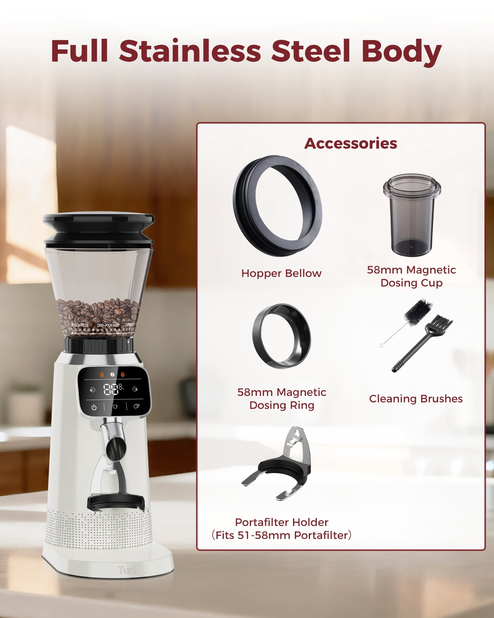 Tuni G2 Conical Burr Coffee Grinder, 70 Grind Settings Anti-static Burr Mill, Precision Electronic Timer and LED Touchscreen for Espresso/Drip/Cold Brew/French Press, Stainless Steel, Ivory