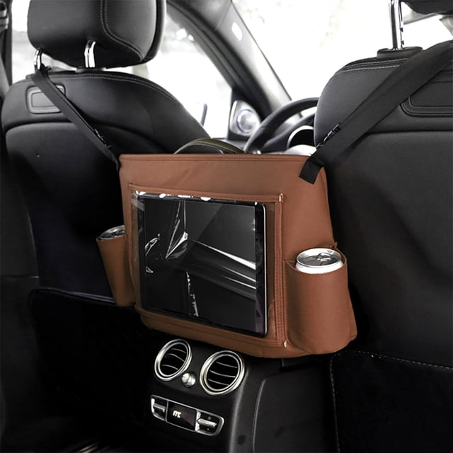 Organizador de almacenamiento para coche con tableta táctil para refrigerios, bebidas, juguetes, revistas y accesorios de viaje. Almacenamiento para vehículos.