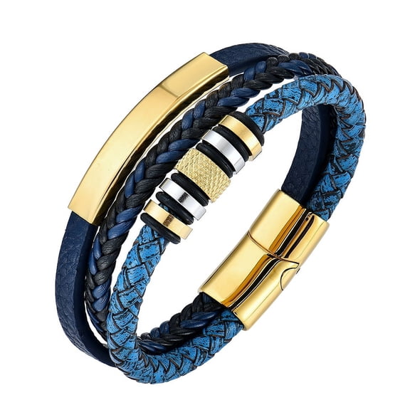 Raymard Classic Bracelet, Leather Bracelet with Magnetic Clasp, Navy Blue Braided Bracelet, Multi-Layer Wrist Bangle 8.3''