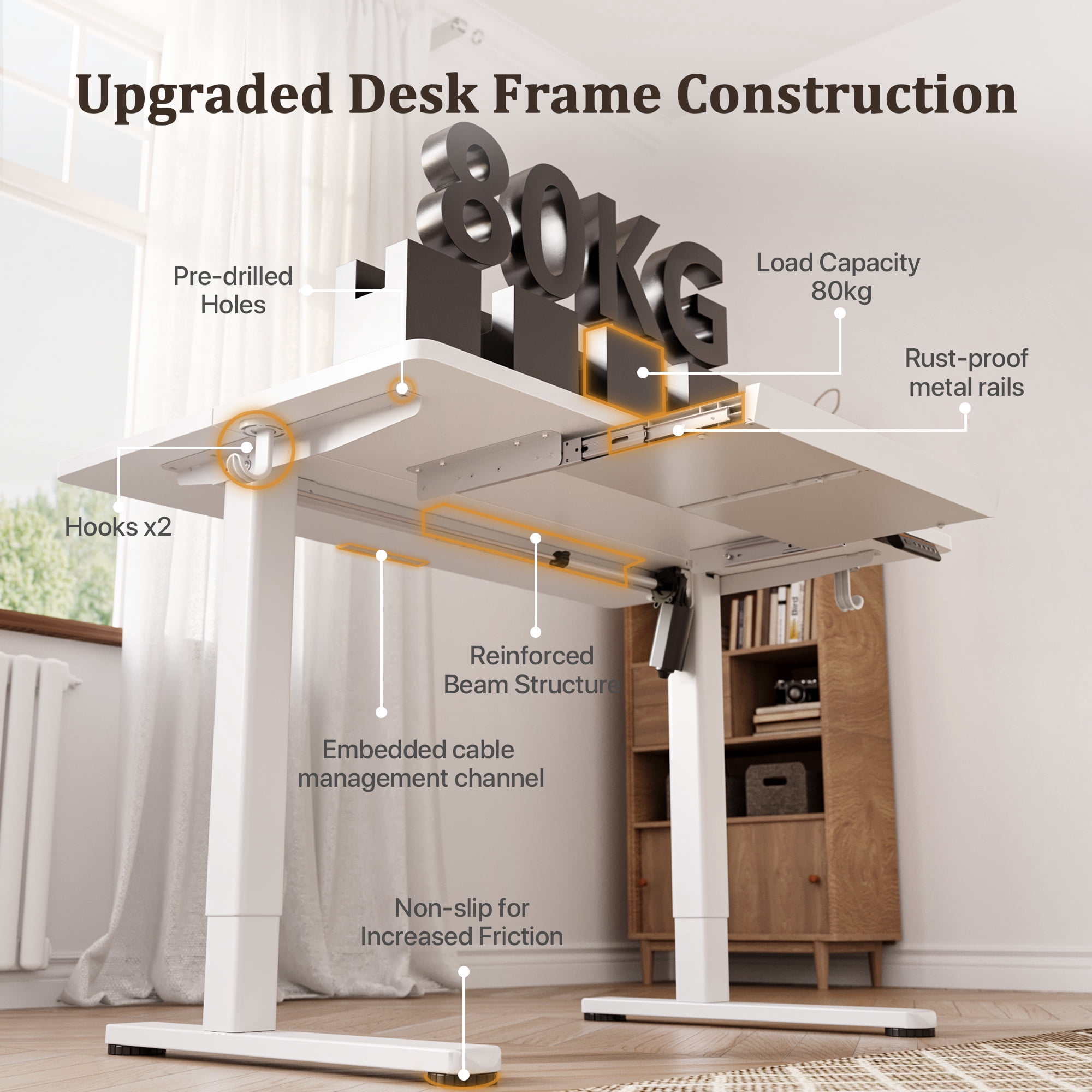 INNOVAR Standing Desk with 1 Drawer, 48 inch Electric Rising Stand up Work Desk, White Small Adjustable Height Sit to Stand Computer Study Desk Suitable for Home Office
