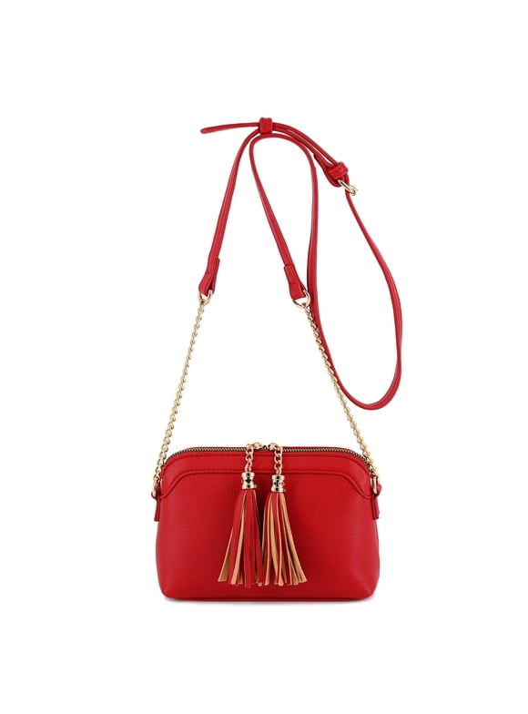 V+BENIE Two Tassel Small Crossbody Bag with Chain Strap Cell Phone Wallet Purses Handbag for Women, Red