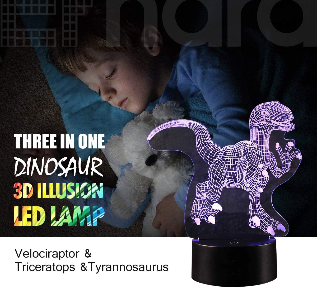 Eala 3D Dinosaur LED Night Light 3 Pattern and 7 Color with Remote Control Best Gift for Kids Girls Boys 