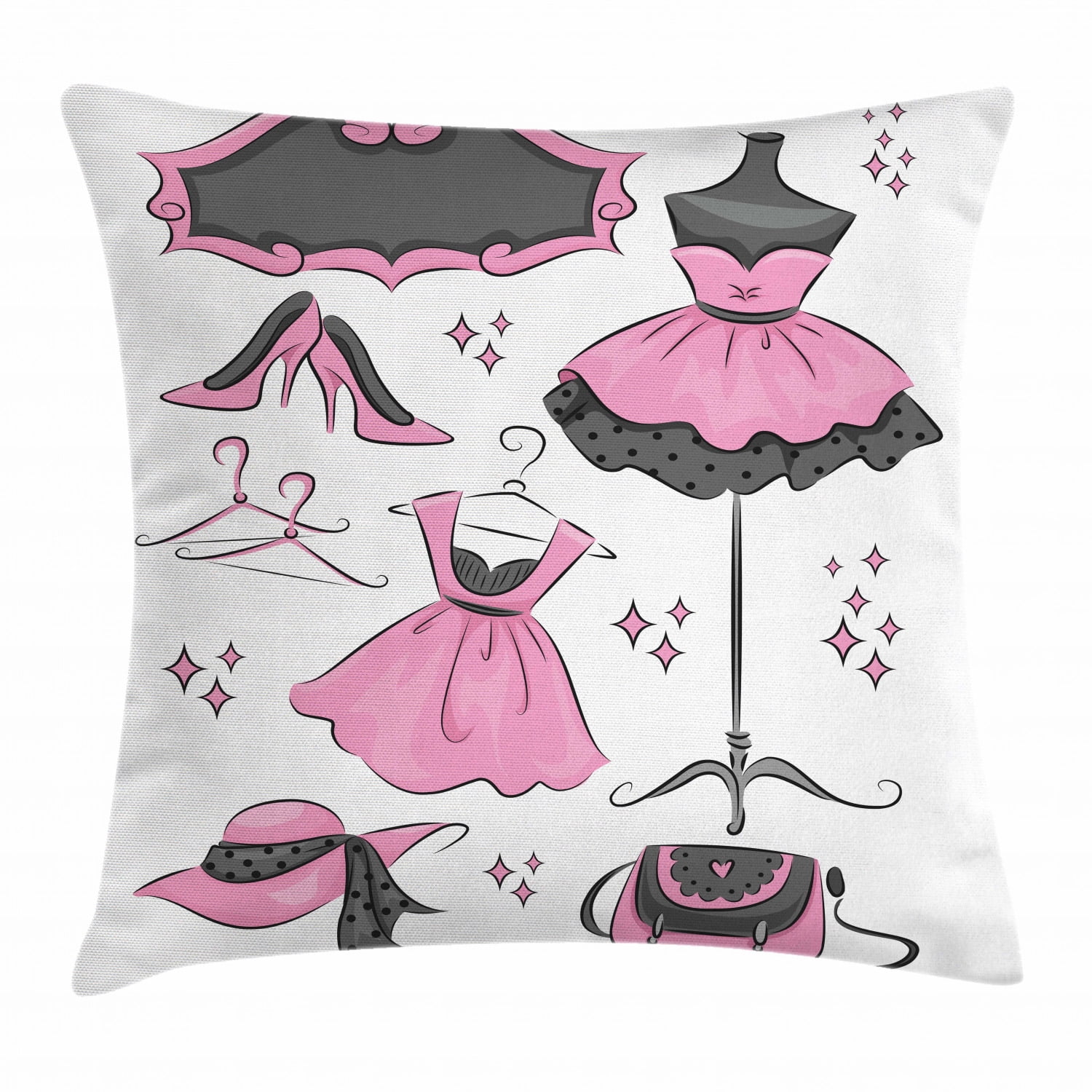 Ambesonne Heels and Dresses Throw Pillow Cushion Cover, Boutique Inspired Design Stylish Dresses Hangers Cartoon Style, Decorative Square Accent Pillow Case, 20
