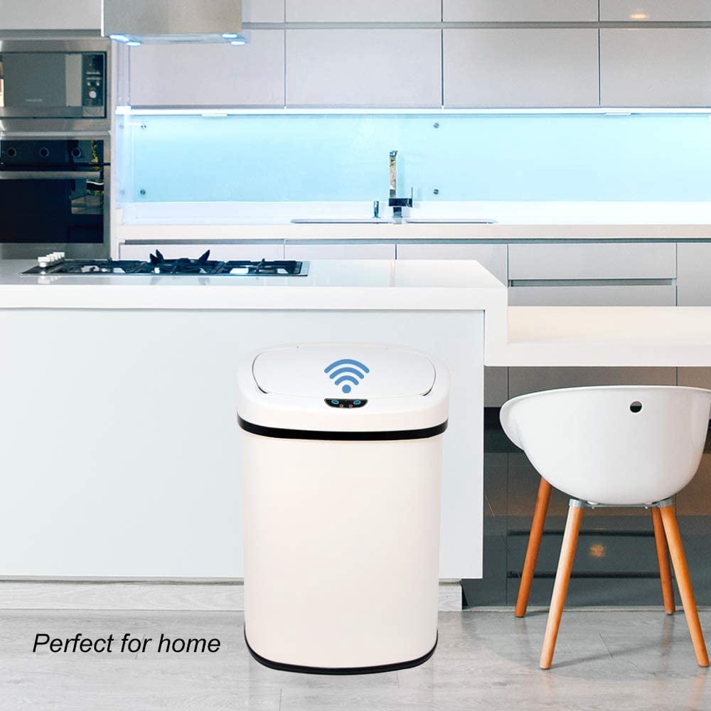 Automatic Garbage Can Touch Free Stainless Steel Trash Can No Touch Kitchen Waste Bin High-Capacity Bathroom Trash Can with Lid for Home Bedroom Office, White