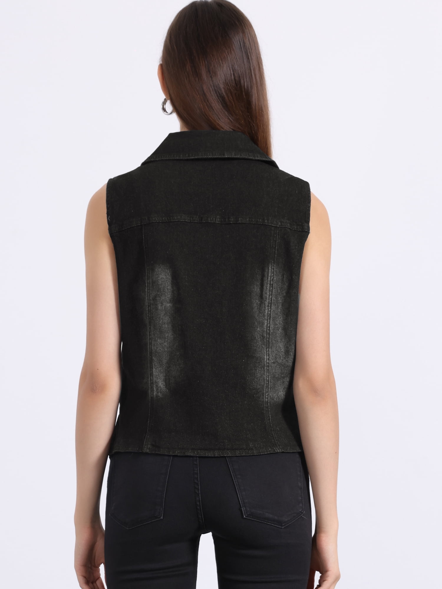 DARING DIVA Women's Denim Vest Sleeveless Jean Jacket Tops Button Down Waistcoat L Black