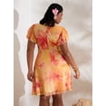 thumbnail image 2 of Plus Size Women's V-Neck Ruffle Sleeve Yellow Floral Knit Mini Dress for Summer Vacation, Beach, Party, Wedding Guest, 2 of 7