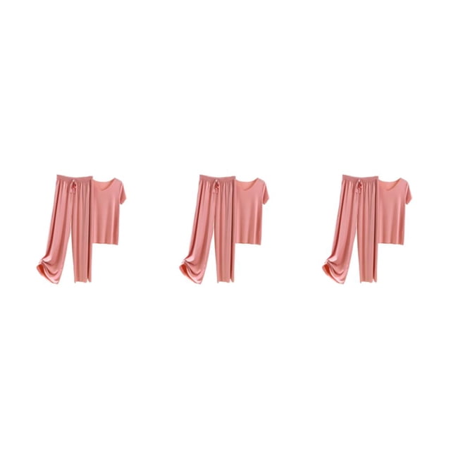 Minnieouse Women Ice Silk Pajama Set Comfortable Short Drape Loose Style Pieces T-Shirt Two Sleeve Sleepwear Clothing Casual Pants Type1 NO1