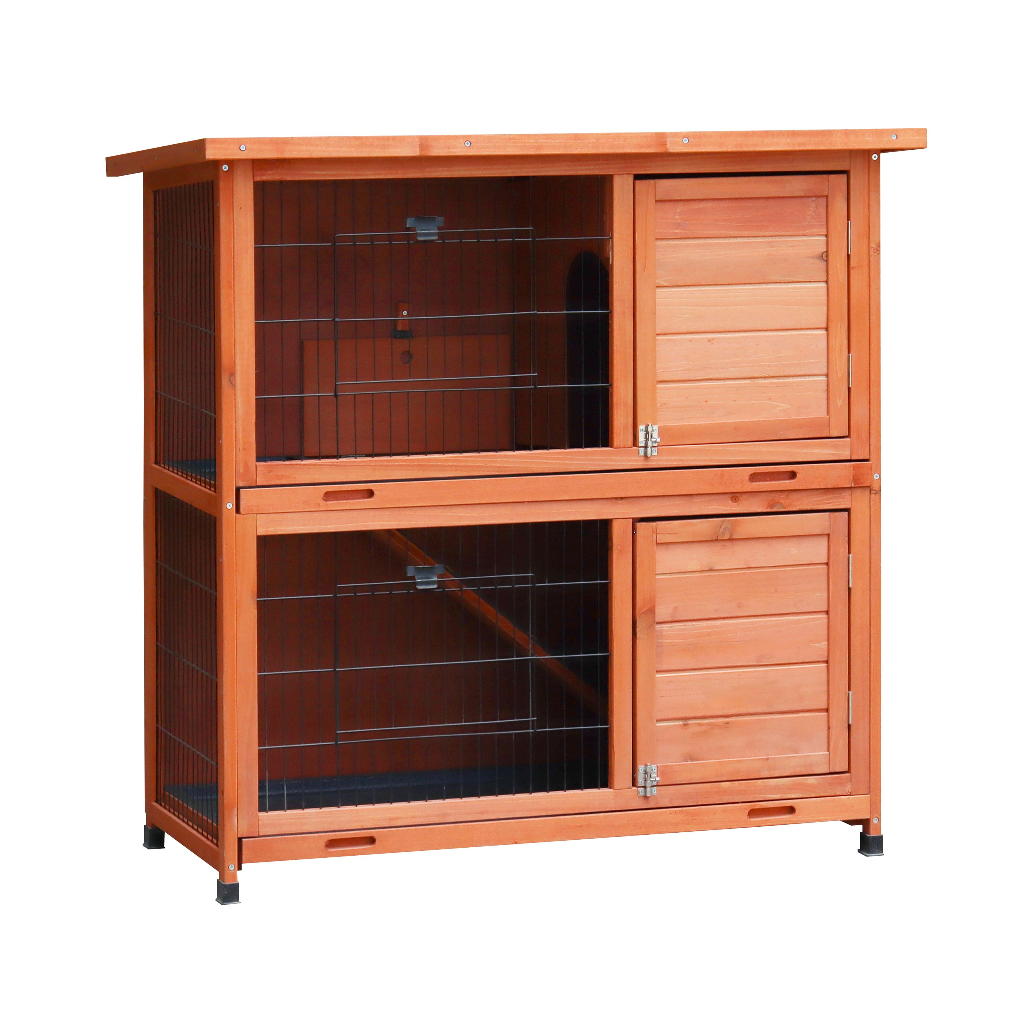 Rabbit Hutch Outdoor, 2-Story Rabbit Cage Indoor with Run, Bunny Cage with 2 Removable No-Leak Trays, Pet Cages with Non-Slip Ramp, Waterproof Roof, Fence, for Small Animals