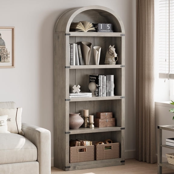 QinaQin Librero farmhouse arqueado de 71.65 pulgadas, gabinete de madera de 5 niveles para almacenamiento y exhibición, ideal para sala u oficina en casa