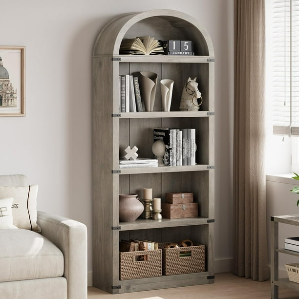 QinaQin Librero farmhouse arqueado de 71.65 pulgadas, gabinete de madera de 5 niveles para almacenamiento y exhibición, ideal para sala u oficina en casa