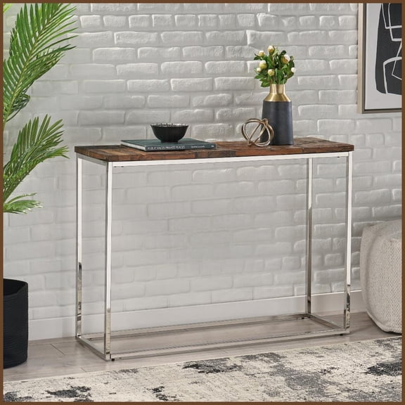 Boho Glam Recycled Wood Console Table with Silver Steel Frame – Handcrafted Unique for Entryway & Living Room