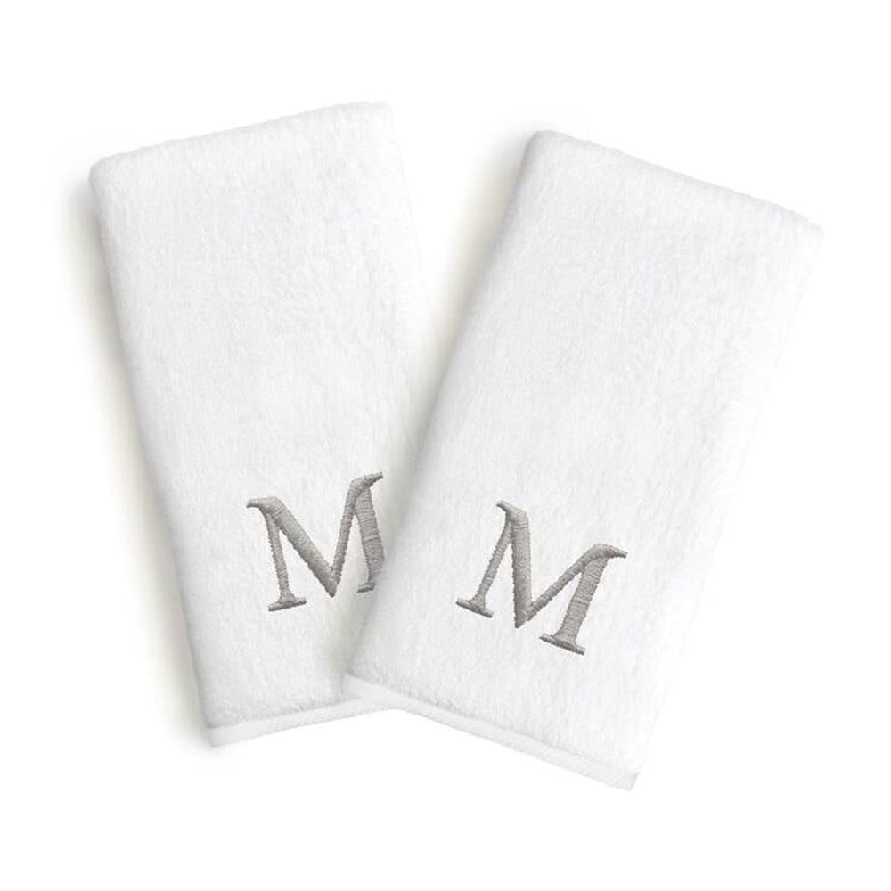 Authentic Hotel and Spa  2-piece White Turkish Cotton Hand Towels with Grey Block Monogrammed Initial White/H