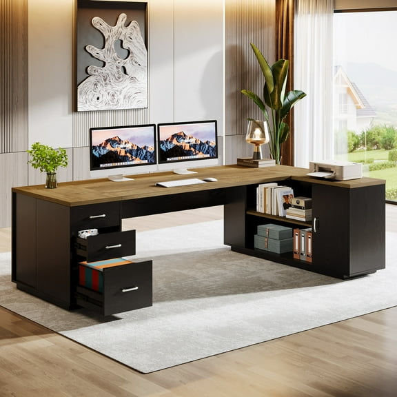 Tribesigns 85.8" L-Shaped Executive Desk, Extra Large Office Desk with File Drawers, Modern Business Furniture with Door Cabinet, Shelves for Home Office, Light Brown & Black