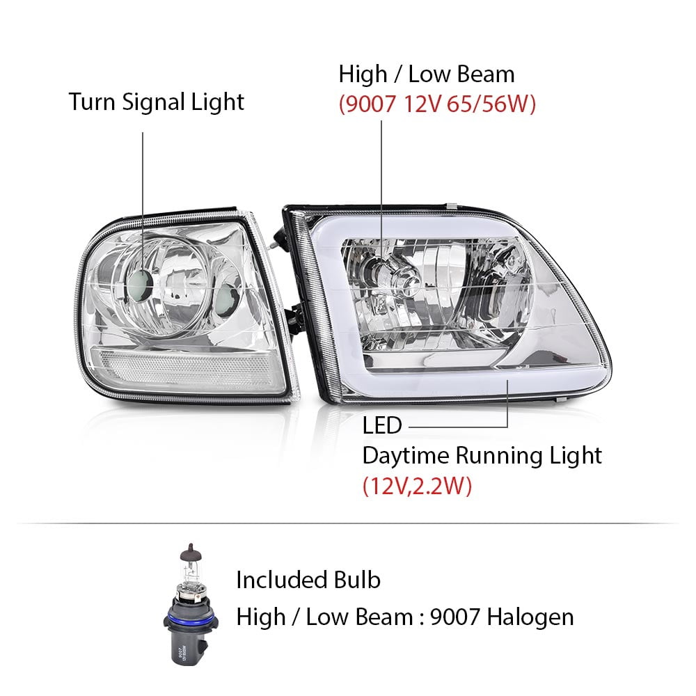 PIT66 Fit For 1997-2004 Ford F150 C STYLE LED Strip Headlights Headlamps Clear/Chrome