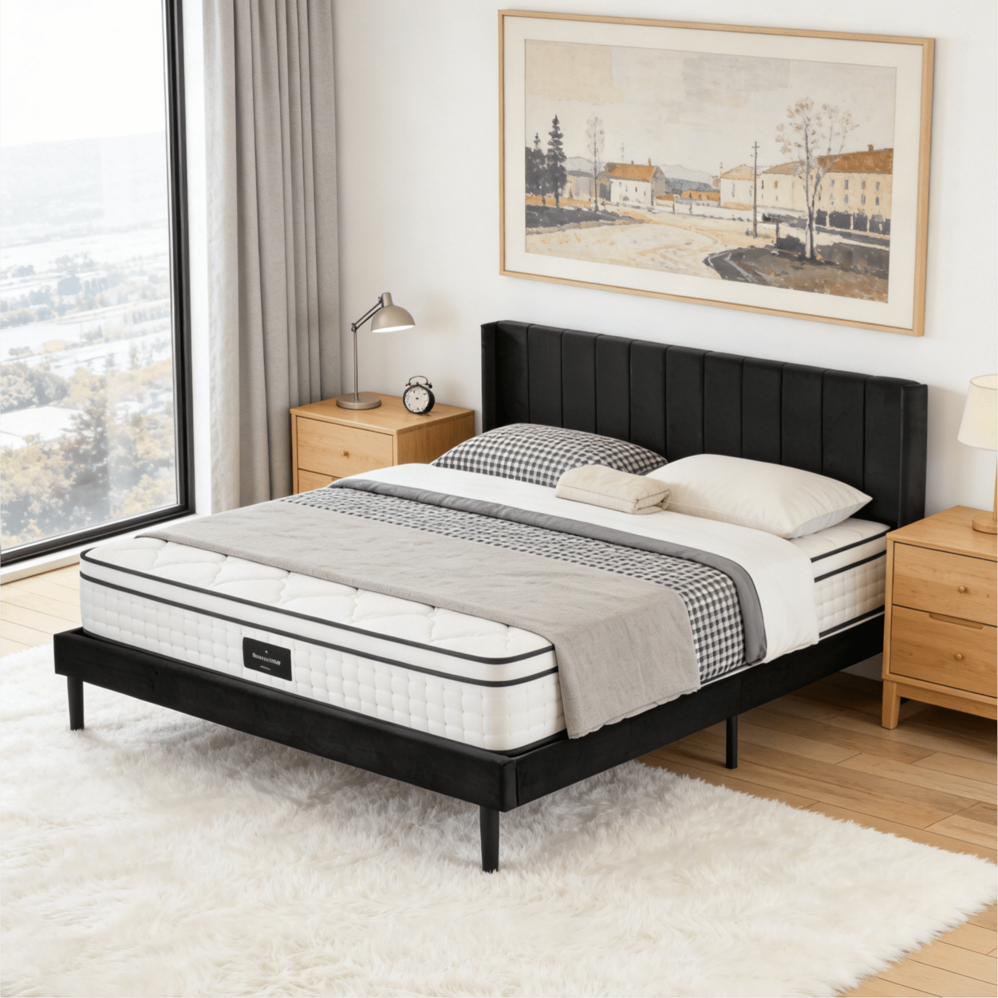 Gewnee King Size Upholstered Platform Bed Frame with Velvet Headboard,Wood Slats Support,Easy Assembly,No Box Spring Needed,Black