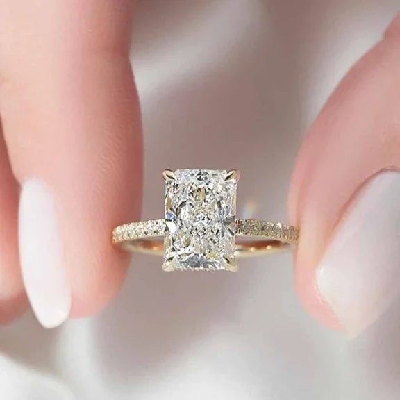 3.5Ct Radiant Cut Moissanite Hidden Halo Engagement Ring 14k Yellow Gold Plated