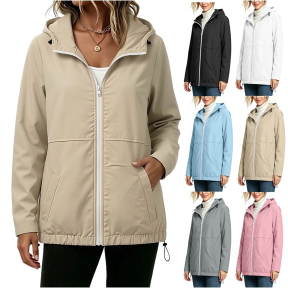 Women's Raincoat Waterproof Windbreaker Hooded Lightweight Packable Rain Jacket Zip Up Casual Solid Color Mid Travel Jacket and Winter Fashion Casual Waterproof Hem Drawstring Hooded Drawstring Coat