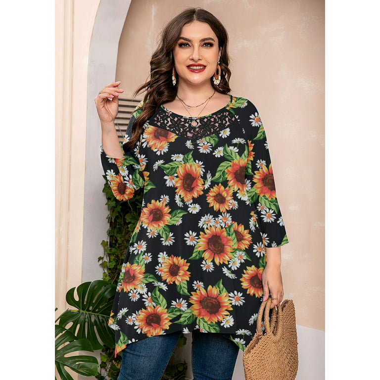 SHOWMALL Plus Size Clothes for Women 3/4 Sleeve Blouse Swing Tunic Floral  Light Blue 4X Clothing Crewneck Maternity Loose Fitting Top
