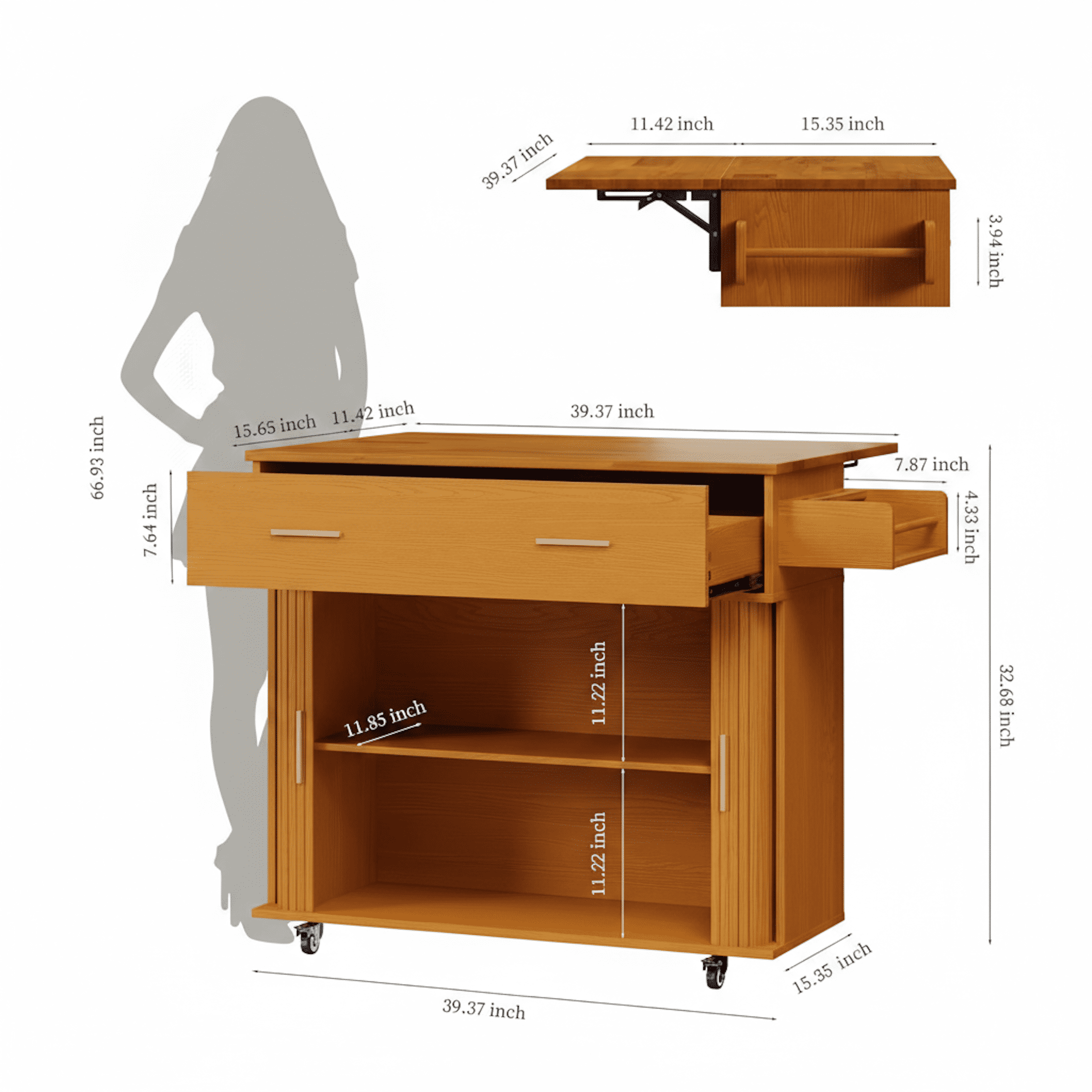 AISWORD Rolling Kitchen Island with Drop Leaf, Sliding Door, Drawers & Spice Rack, Yellow