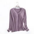 thumbnail image 2 of Htigea V-Neck Long Sleeve Tops for Women Casual Loose Fit Shirts with Build in Bra Pad Soft Cozy Pajama Shirt Homewear Purple L, 2 of 5