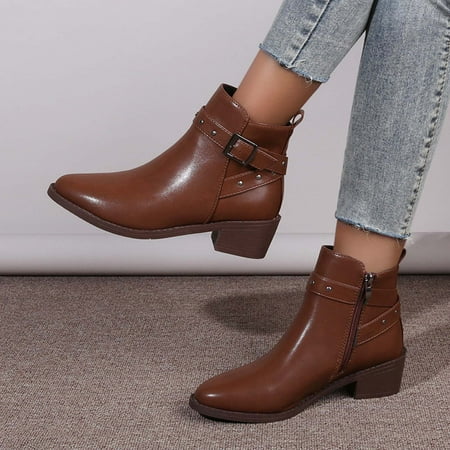 

XIAOFFENN Ankle Boots For Women Dressy Chunky Boots Womens Fashion Boots Pointed Toe Chunky Heel Middle Heel Slouchy Metal Leather Buckle Booties Womens Slip On Boots