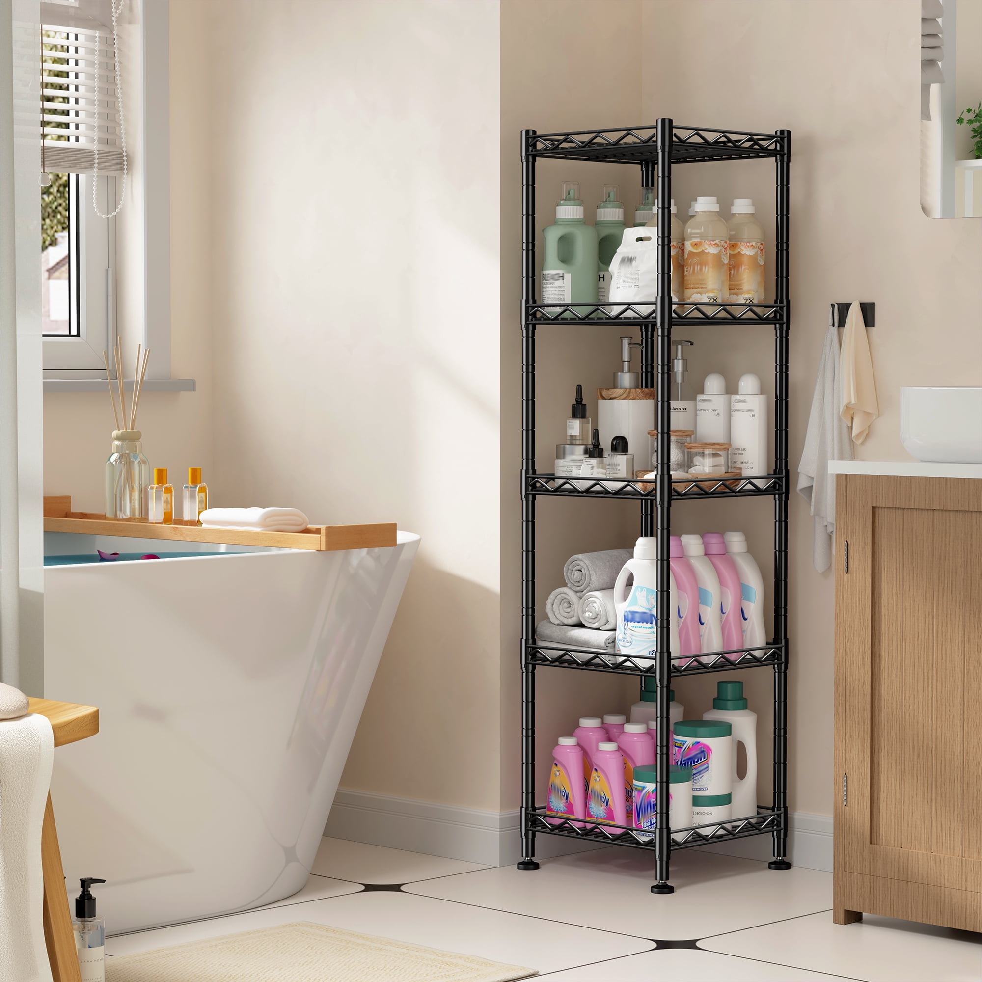 REIBII 5-Tier Black Metal Wire Shelving Unit 12″W×12″D×49″H Adjustable Narrow Storage Rack for Bathroom Kitchen Closet Laundry，Black