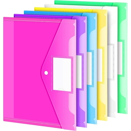 6 Pack Folders Plastic Envelopes Clear Plastic File Folder for Document Letter A4 Size Poly File Envelopes with Label Pocket Snap Button for Home Work Office Organizer 6 Colors