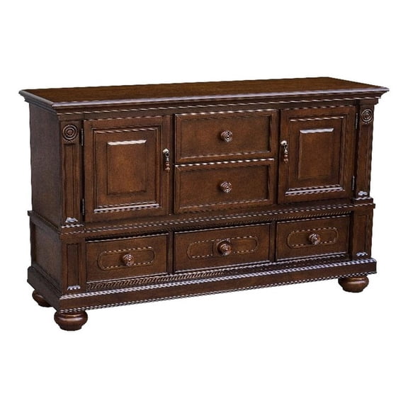 Benjara Traditional 2 Cabinets Wooden Buffet w/ Molded Details & Bun Feet-Brown