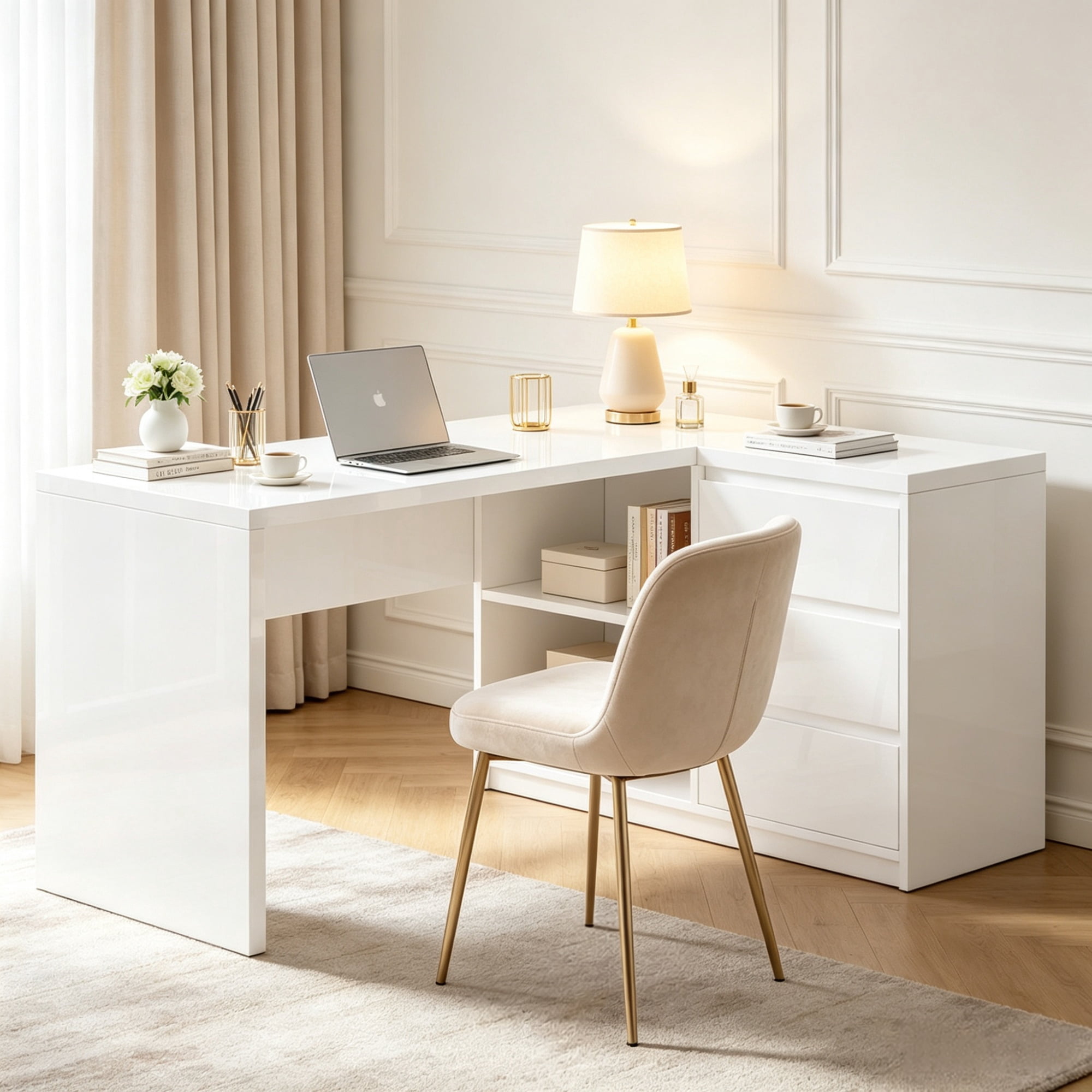 55" L-Shaped Computer Desk with LED Lights, 3 Drawers, White