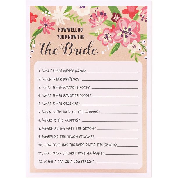 Floral Bridal Wedding Shower Games for Guests - 50 Sheets - How Well Do You  Know The Bride - 5 X 7 Rustic Vintage Card Designs - Walmart.com