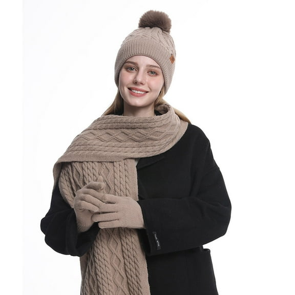 SYMOID Womens Khaki Winter Wool Accessory Set - Cable Knit Beanie, Scarf & Touchscreen Gloves, Pom Pom Detail, One Size Fits All, Warm for Cold Weather,Size Free Size