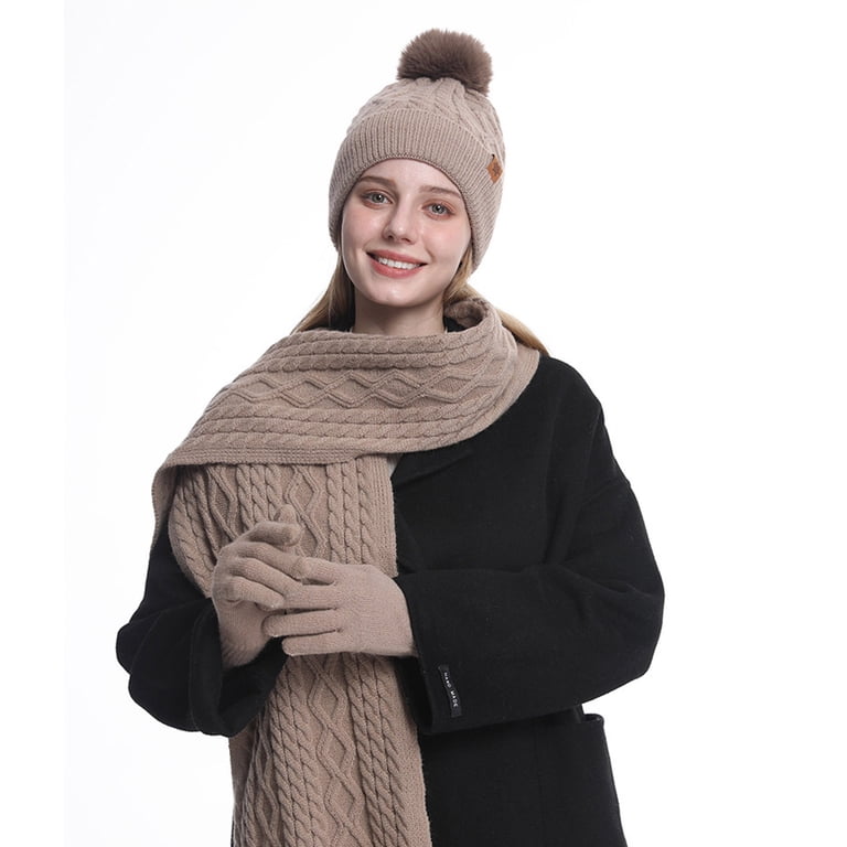 Women\'s Winter Beanie Hat Scarf and Gloves Set with Fleece Lined, Khaki Polar Fleece 3 Piece Hat Scarf & Glove Matching Set – Luxury  main image 4