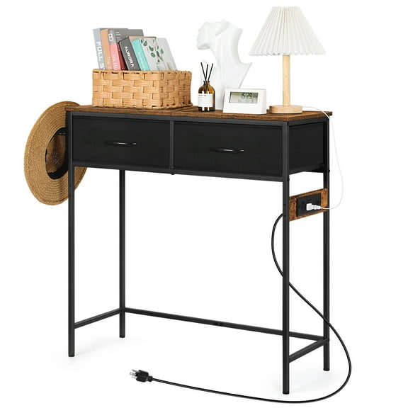 Console table with power outlet Entrance table with drawers Narrow sofa table with storage shelves for living room bedroom sofa hallway foyer antique brown
