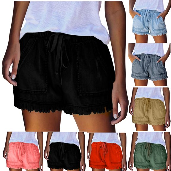Npasoilc High Waisted Jeans Shorts For Women Woman Summer Solid Color Pocket Jeans Cowboy Pants Female Tassel Bandage Bottom Shorts