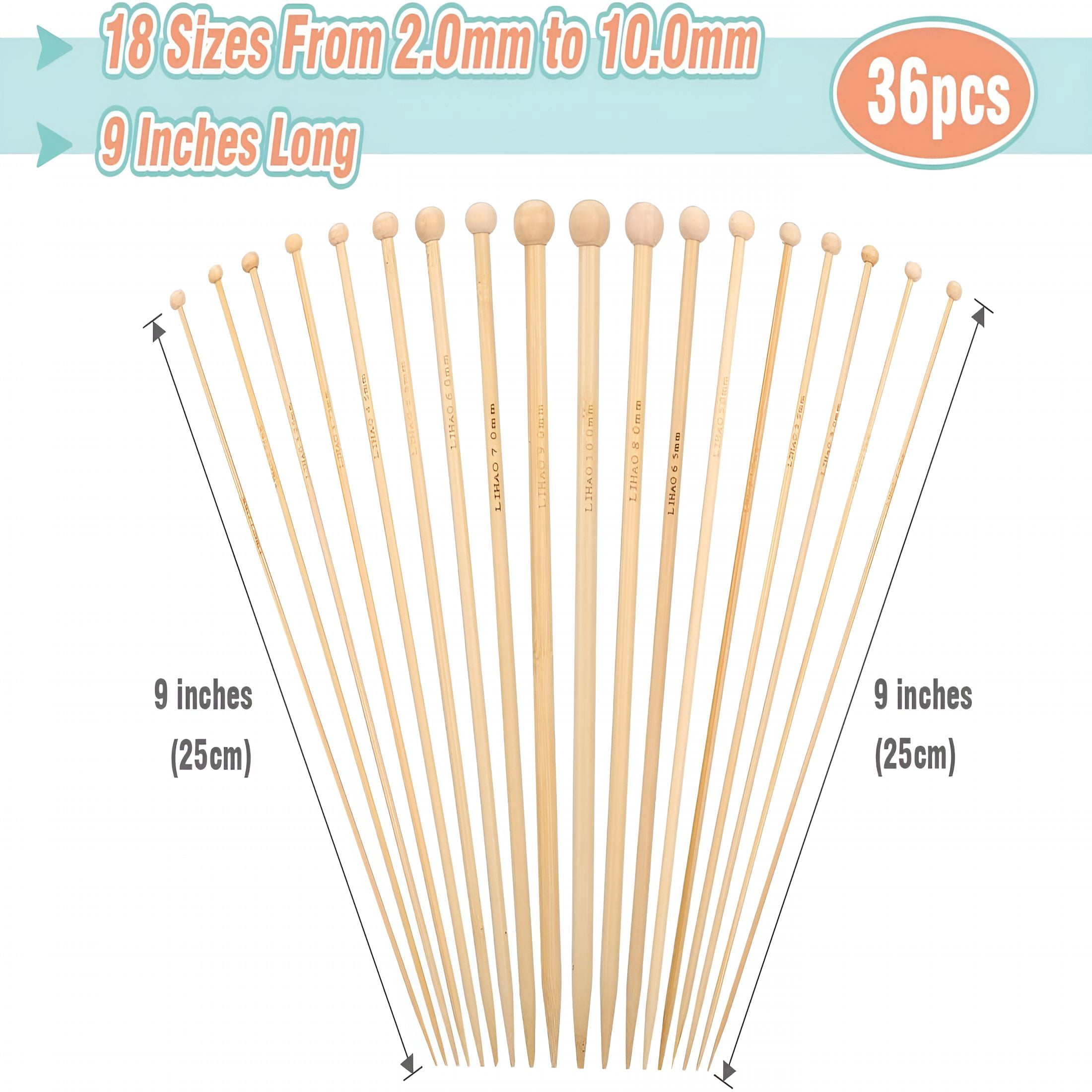 TUWAFE 36 PCS Bamboo Knitting Needles Set (18 Sizes From 2.0mm to 10.0mm)