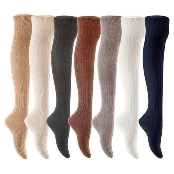 Lian LifeStyle Women's 7 Pair Adorable Comfortable Soft Thigh High Over Knee High Cotton Socks Size 6-9 L1024 Beige,Cream,Black,Coffee,Dark Grey,White,Navy