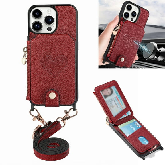 ELEHOLD Crossbody Wallet Case for iPhone 13 Pro with Card Holder, Zipper Card Slot Shockproof Purse Cover with Removable Lanyard 6.1 Inch,Red