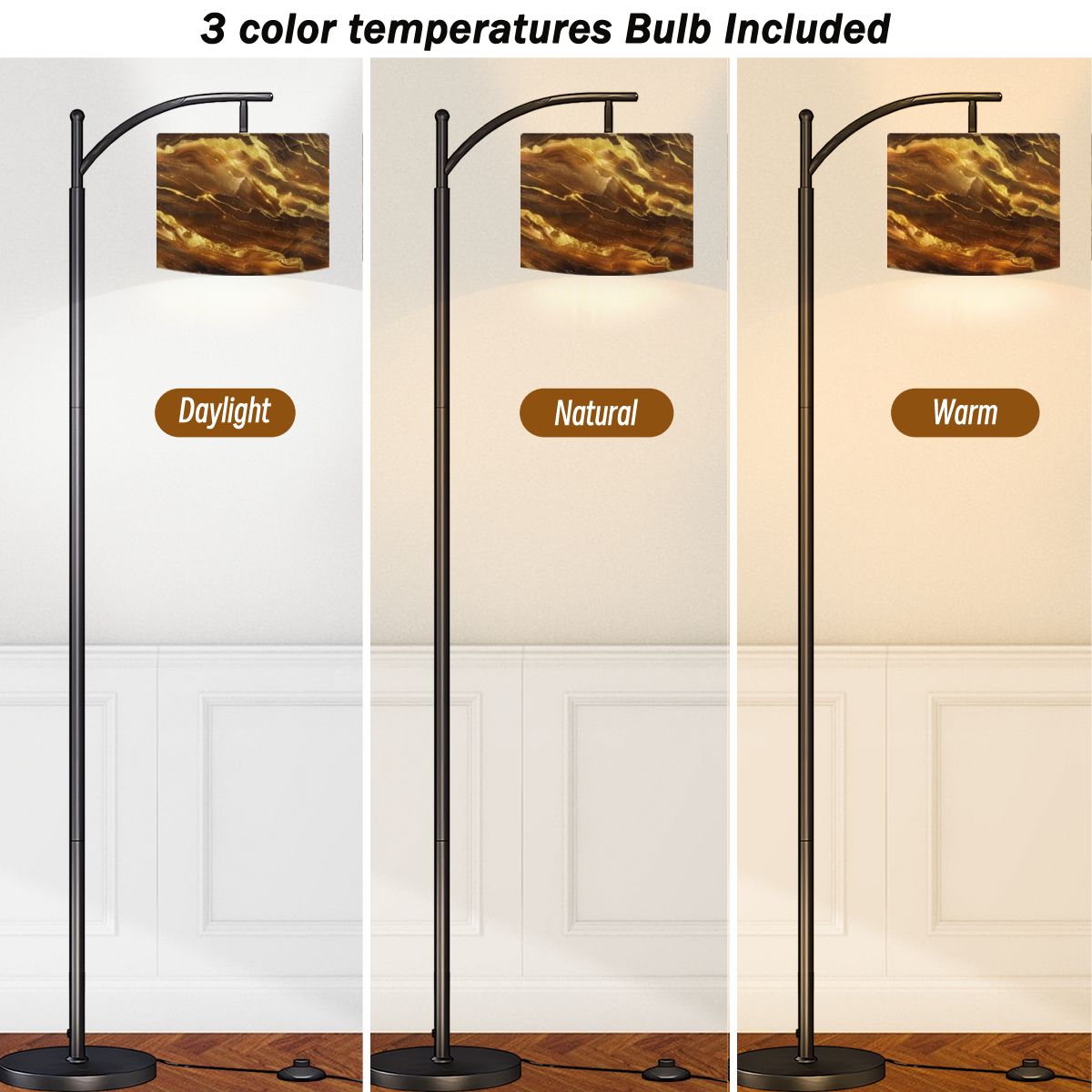 Arc Floor Lamps Gold flowing marbled stone backdrop shades brown A glittering luxury Modern LED Adjustable Lampshade Standing Light for Living Room Reading Bedroom Office