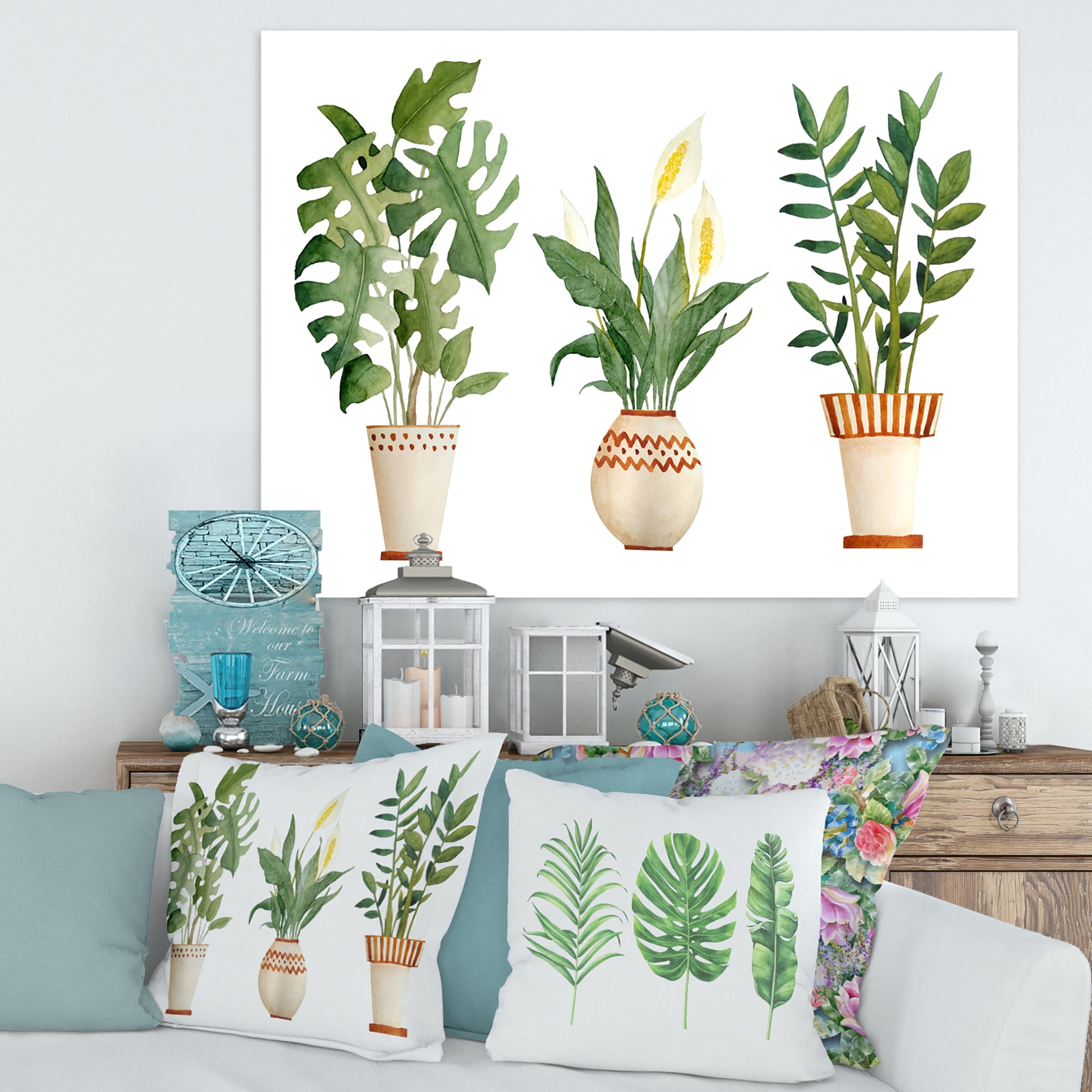 Designart ' Houseplant Peace Lily In Terra Cotta and Monstera ' Farmhouse Canvas Wall Art Print