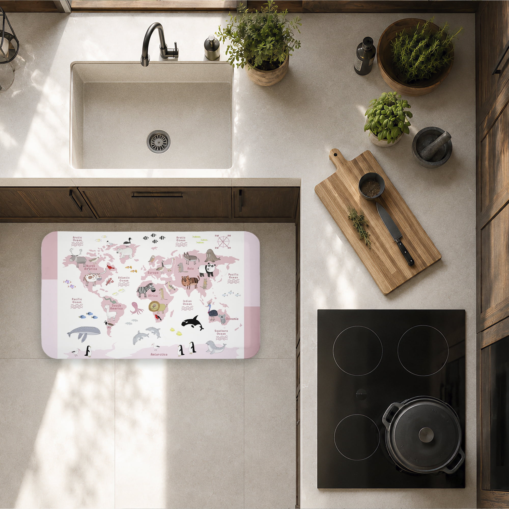 Stupell Industries Pink World Animals Map Printed Anti-Fatigue Floor Mat, design by Carla Daly