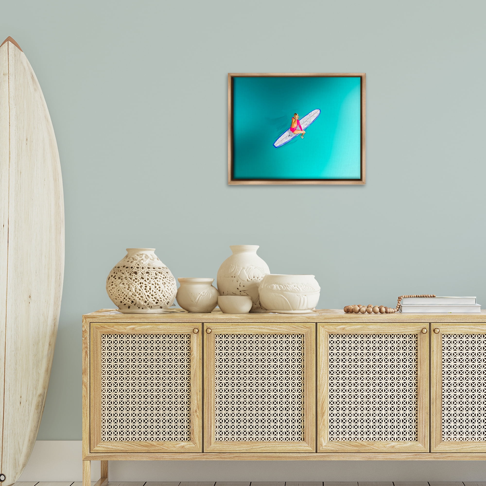 Stupell Industries Sitting on Peaceful Surfboard Nautical & Beach Painting Brown Floater Framed Canvas Art Print Wall Art, 21 x 17