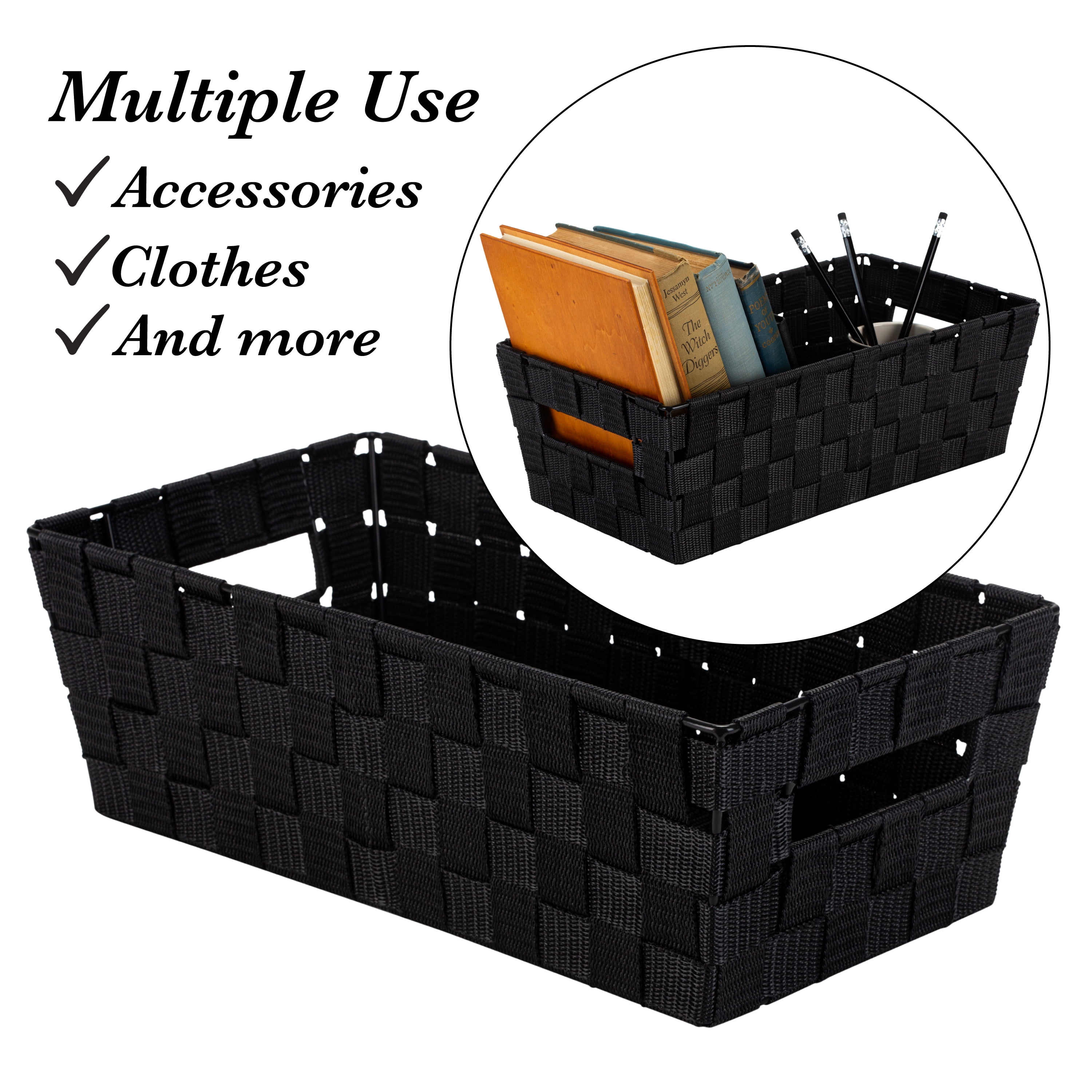Simplify Medium Woven Strap Polypropylene Storage Tote Basket, Black