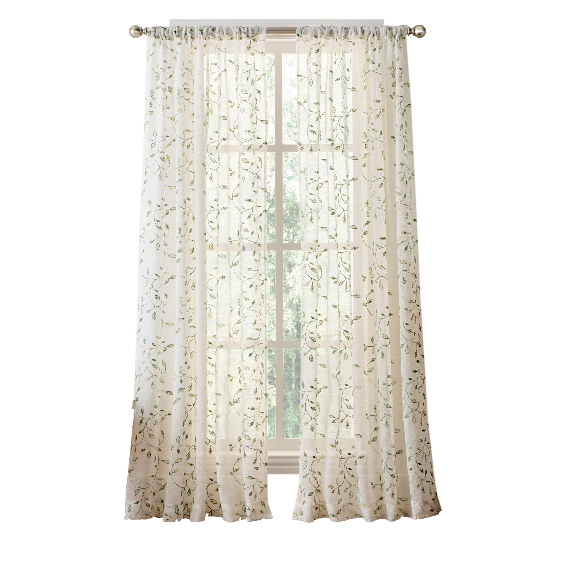Martha Stewart Durham Embroidery Curtain Panel Pair, White/ Green, Rod Pocket, Sheer, Indoor, Adult, 2 Piece Set, 50" x 63"