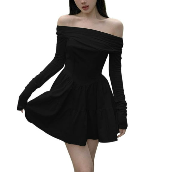JGGSPWM Women's Off The Shoulder Elegant Dress Long Sleeve A Line Ruffle Hem Knit Mini Dresses Short Dresses Black XL