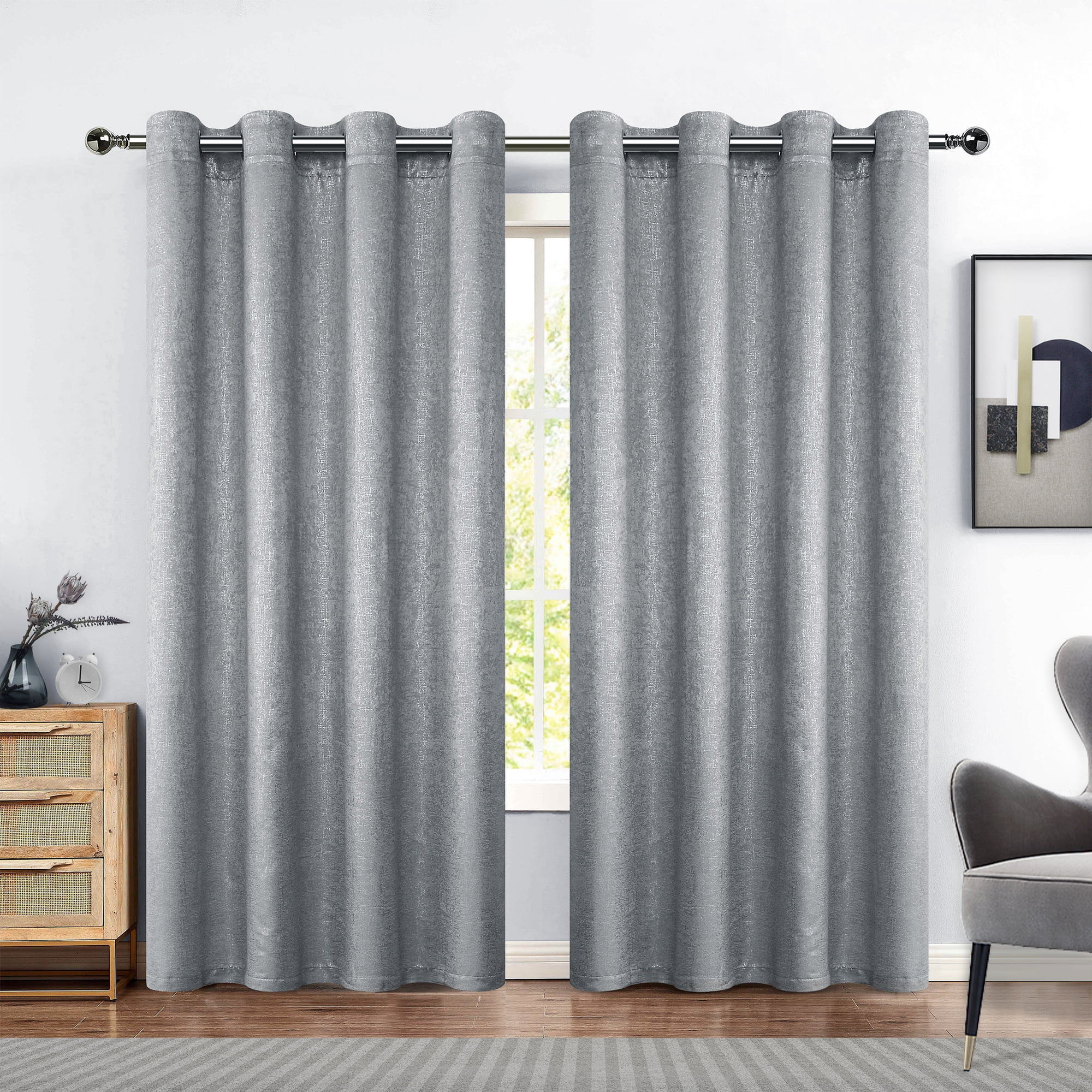 Pinewave Gray Sparkle Blackout Curtains Luxury Silver Metallic Chic Glitter Drapes for Bedroom,Grommet Top,52"Wx63"L,2 Pcs