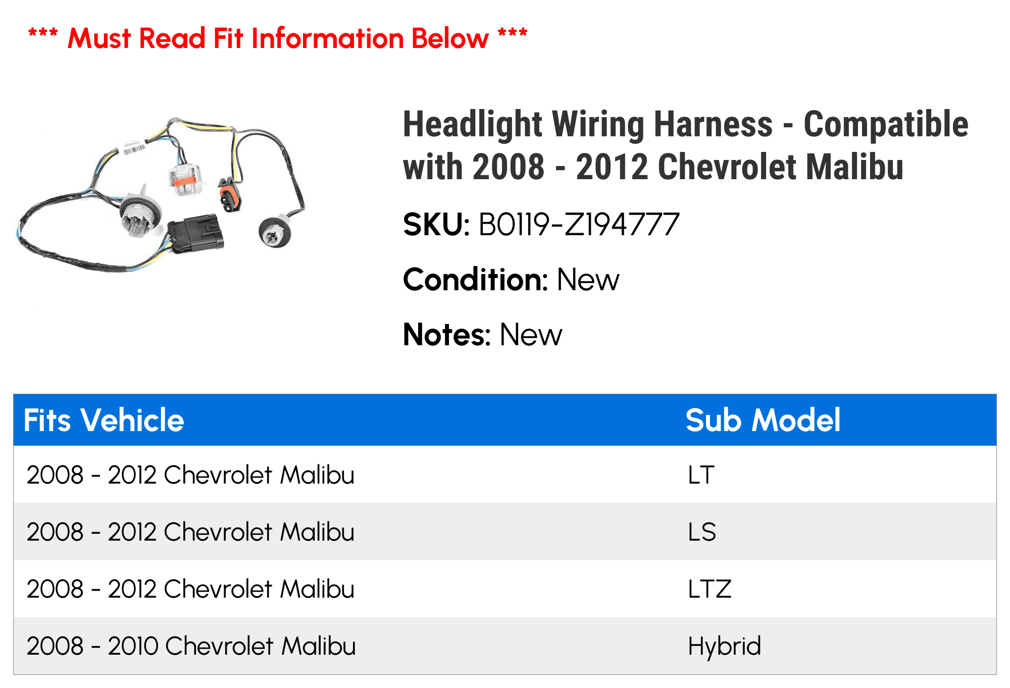 Wire Harness For 2008-2012 Chevrolet Malibu - IMC Audio Wiring Adapter (GWH406PIO-2)