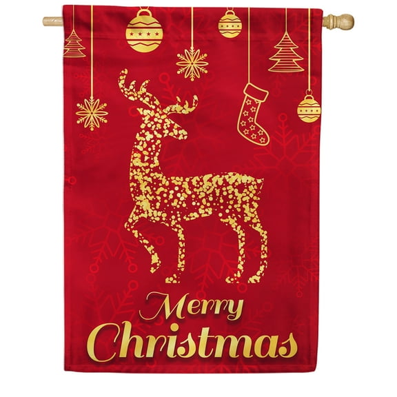 America Forever Merry Christmas Golden Reindeer House Flag 28 x 40 Inch Double Sided Outdoor Yard Decorations Winter Holiday Rustic Farmhouse Red Christmas Decorations Flag