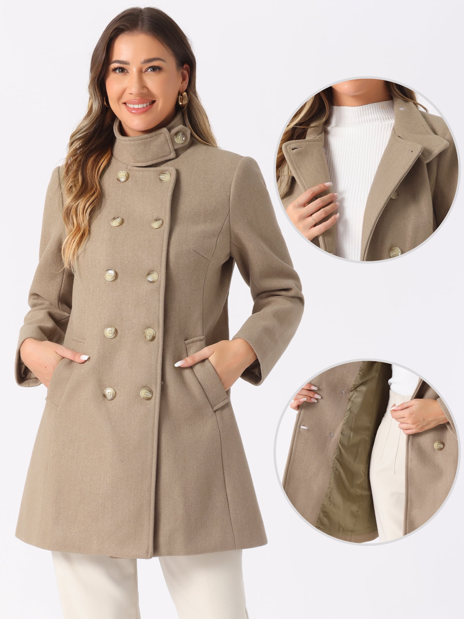 DARING DIVA Women's Winter Trench Casual Stand Collar Pea Double Breasted Overcoat M Brown