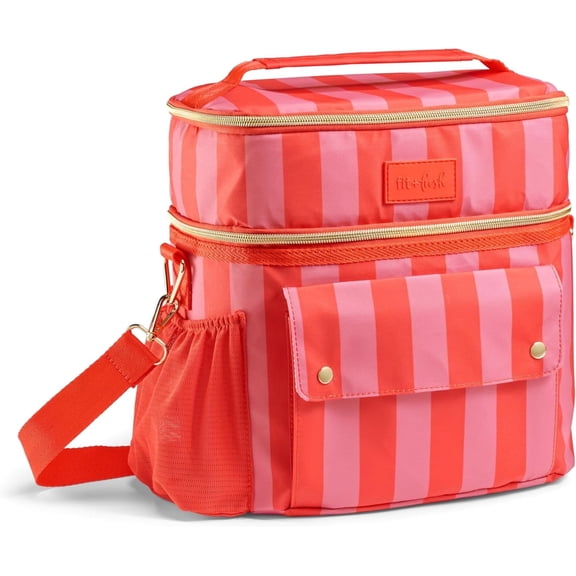 Fit Fresh Sidekick Insulated Cooler Bag, 15 Can Dual Compartment, Daquiri Cabana - Pink Stripe