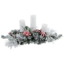 Northlight Triple Candle Holder with Flocked Pine and Christmas Ornaments - 32" - Red and White